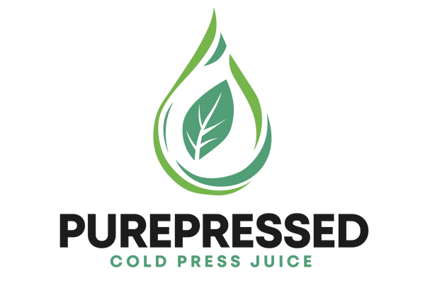 Logo for PurePressed Cold Press Juice with a green droplet and leaf design on a white background.